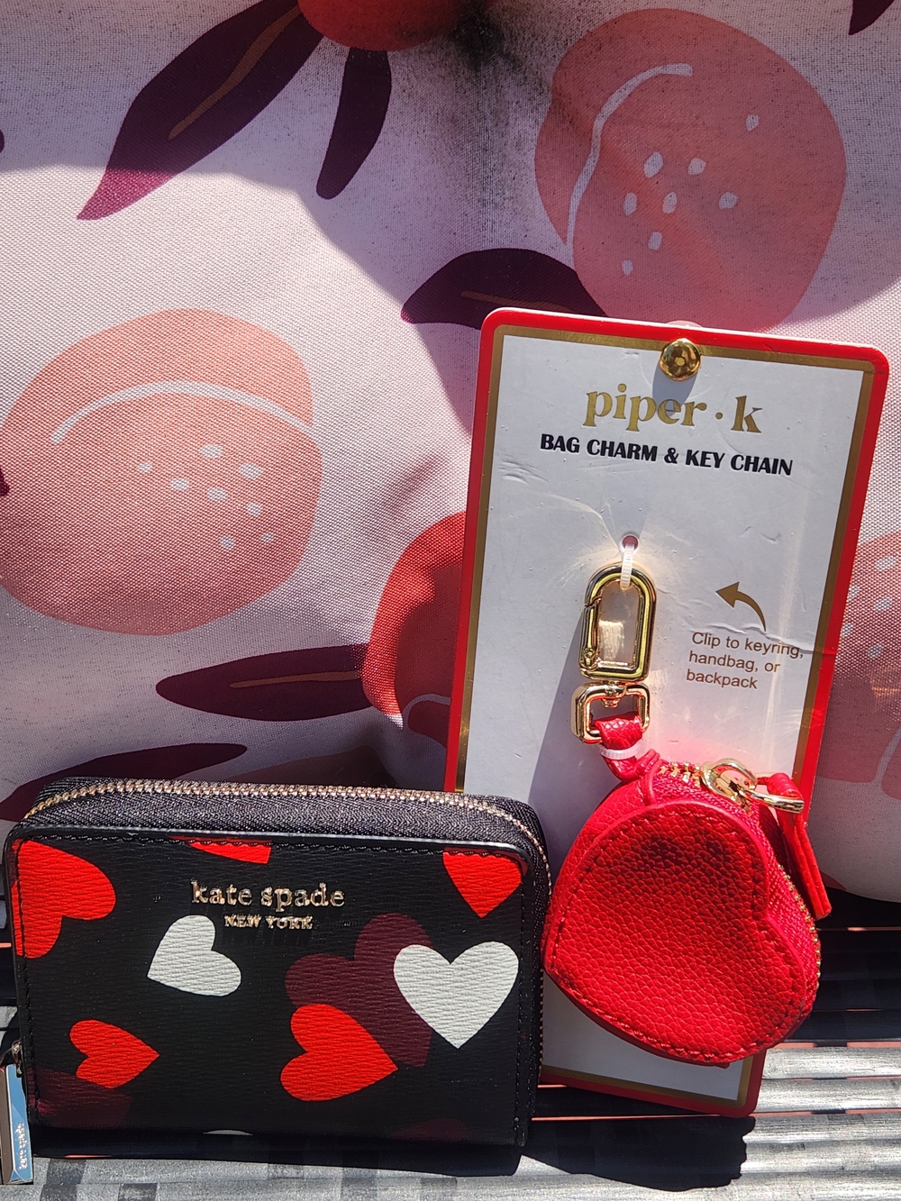 Kate Spade Heart Print Zip Card Wallet w Red Heart Pouch Bag Charm/Keychain